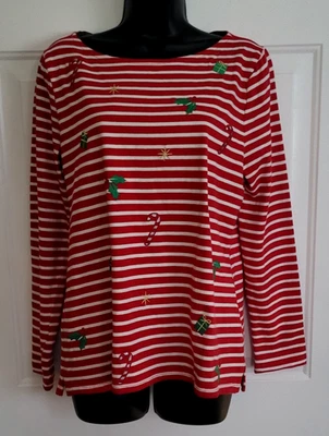 Top Talbots 100% Algodón Rojo y Blanco Rayas Navidad Bordado Talla M - ¡En muy buena condición! Foto 1 de 4