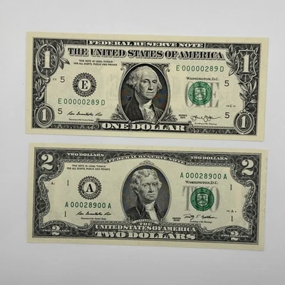 UNC 2013 $1 3 цифры низкий серийный номер E00000289D и 2009 $2 A00028900A новом - Изображение 1 из 4