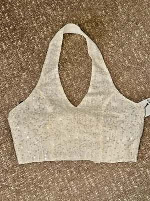 Forever 21 White Sequin Halter Top S Cropped Tie Back NWT! - Image 1 of 4
