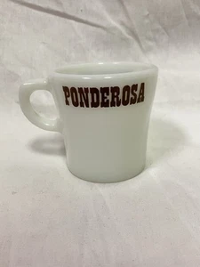 PONDEROSA Steakhouse Coffee Mug VINTAGE PYREX Milk Glass Advertising Restaurant - Picture 1 of 4