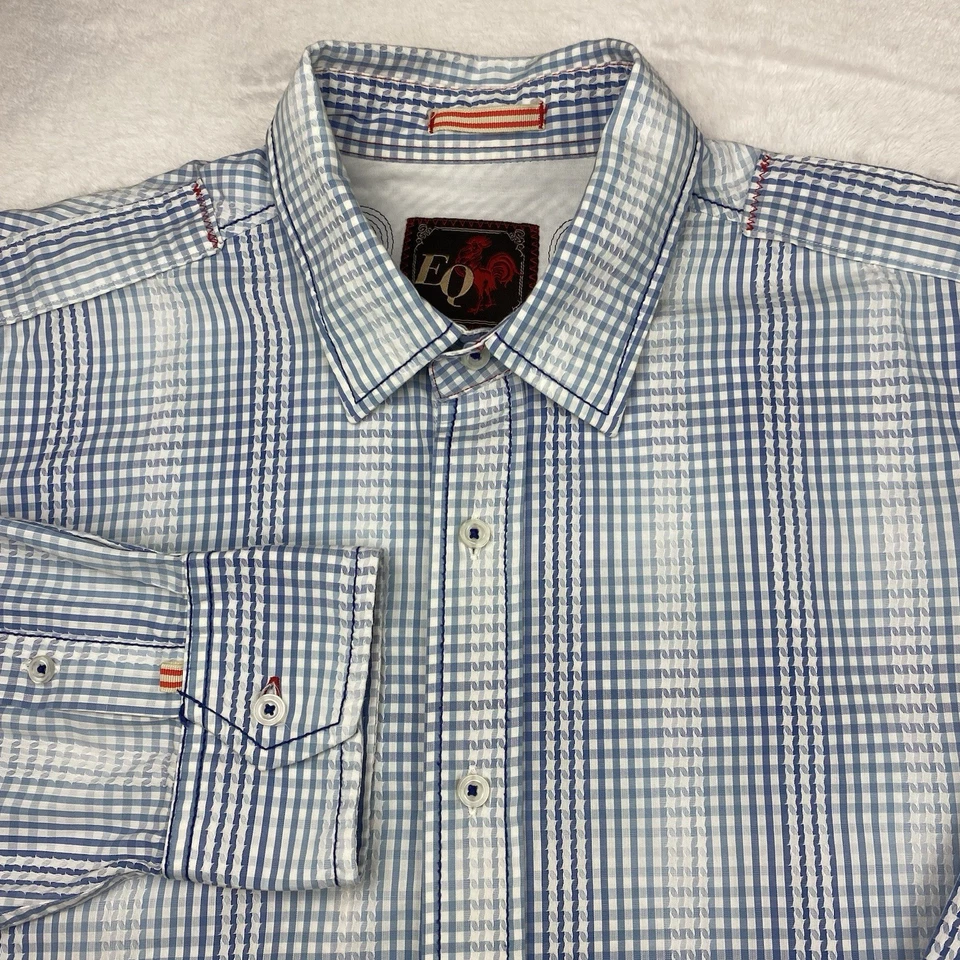 EQ ROOSTER Shirt Mens XL Blue/White Checks Embroidered Long Sleeves - Image 1 of 4