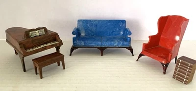 Lot Vintage Dollhouse Furniture Ideal Living Room Piano Marbled 1950’s 5 pieces — 第 1/4 张图片