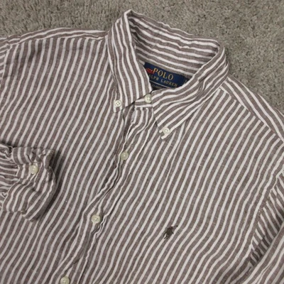 Polo Ralph Lauren Shirt Mens Small Brown Striped 100% Linen Pony Logo Button Up - Image 1 of 4