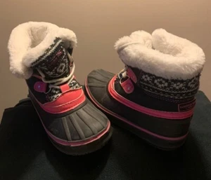 London Fog Little Girl's Pink & Blue Snow Boots Size 11 Fur-Lined Lace up - Picture 1 of 6