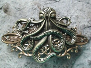 BRONZE OCTOPUS ANTIQUED BRONZE FILIGREE BARRETTE - KRAKEN, SQUID, VACATION - Picture 1 of 2