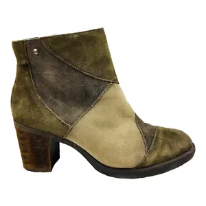 Earth Malta Ankle Boots Women's 8.5 Brown Taupe Suede Patchwork Heel Booties Zip - Picture 1 of 9