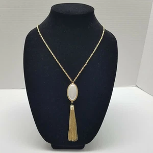 Gold Tone Necklace With Oval Pearlized Pendant With Tassel 36" - Picture 1 of 3