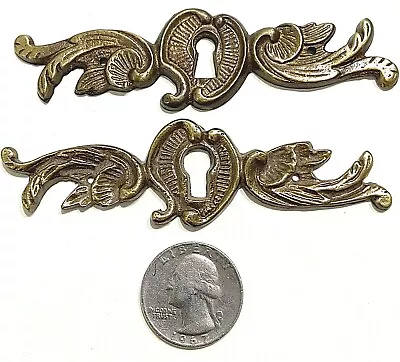 Vintage Ornate Brass Skeleton Key Hole Escutcheon 3 3/4  X 1  PAIR • 20$