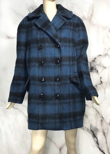 COACH L Coat Women's Plaid Long Blue Peacoat Size 60s Mad Men Style $675