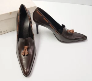 NEW Ralph Lauren Womens 8 M Leather Pointed Toe Slip On Tassel 3.75" Pumps Brown - Picture 1 of 13