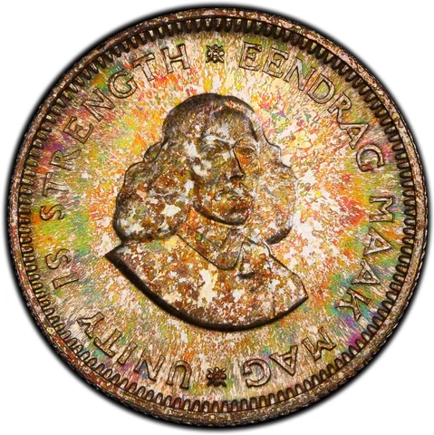 PR67 1964 South Africa 5 Cent Silver Proof, PCGS Trueview- Rainbow Toned Cover