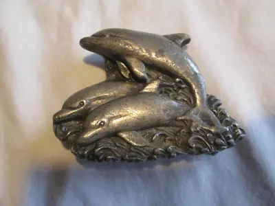 1978 Leaping Dolphins Belt Buckle Bergamot Pewter Vintage - Image 1 of 3