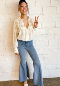 Free People Ivory Hailey Ruffle Button down Blouse Long Sleeve Sz Small $128 NWT - Picture 1 of 12