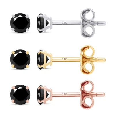 Solitaire Stud Earrings Black Real Diamond 14K Solid Gold For Men's/Women's - Image 1 of 4