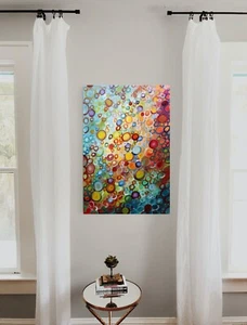 Abstract Whimsical Artwork, Colorful Raindrops, Original Painting - Picture 1 of 7