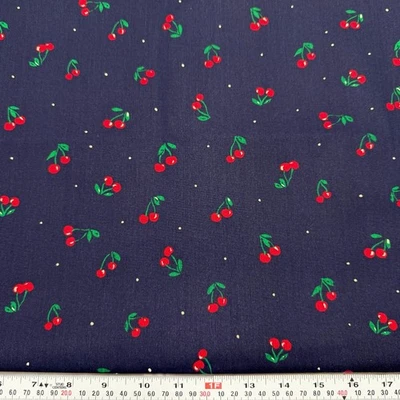 Vtg Cranston Cherries and Dots Navy Broadcloth Fabric by the HALF YARD 18" x 60" - Image 1 of 2