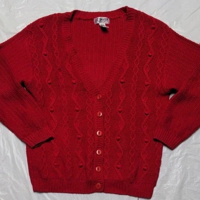 Cárdigan Suéter Vintage Años 90 Liz Baker Rojo Tejido con Cable Bola Talla L Foto 1 de 4