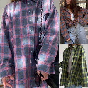 Women's Oversized Check Shirt Long Sleeve Loose Blouse Autumn Jacket Tops - Picture 1 of 16
