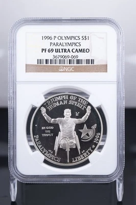 Certified 1996-P Silver $1 NGC PF69 Ultra Cameo Olympics Paralympics  - Image 1 of 4