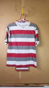 Faded Glory Men’s Shirt M Red Gray White Striped V-Neck Cotton Tee USA - Picture 1 of 3