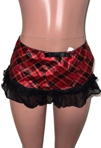 Y2K Casandra Tiny Plaid Micro Mini Skirt Satin Ruffle Trim L Lingerie Style 2000 - Picture 1 of 2