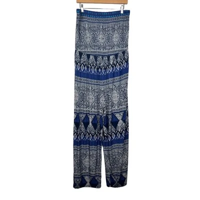 Mono Mlle Gabrielle Azul Blanco Sin Tirantes Pierna Ancha Geométrico 2X BOHO Tubo Top Foto 1 de 4