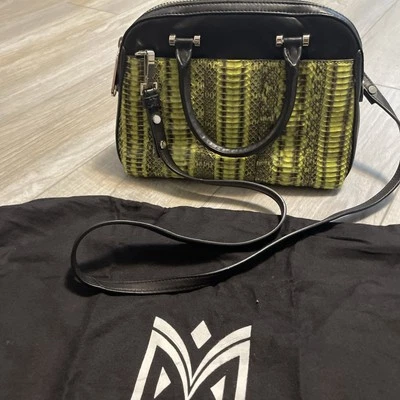 Milly Mercer Nappa Lamb Leather Satchel Crossbody Shoulder Black Green Snakeskin - Image 1 of 4