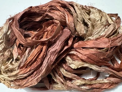 100g Recycled Sari Silk Ribbon Yarn Pink REd wood shades - Image 1 of 3