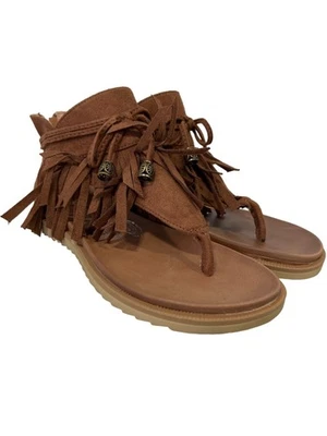 Very G Sandals Size 6 I See You Faux Suede Leather Thong Fringe Brown New - Image 1 of 4