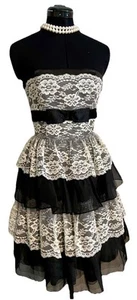 Vtg Betsey Johnson Evening Dress Short Black White Lace Corset Strapless Cupcake - Picture 1 of 7