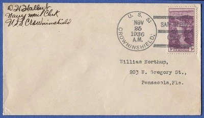 USS CROWNINSHIELD (DD-134) 1936 cover San Diego to Pensacola, Florida - Image 1 of 2