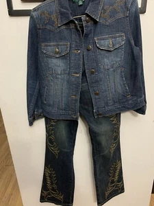 lauren ralph lauren 2 piece set jean jacket and jeans embroidered  - Picture 1 of 8