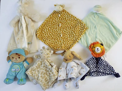 Lot 7 Baby Lovey Security Blankets Plush BOYS Giraffe Lion Frog Rabbit - Image 1 of 4