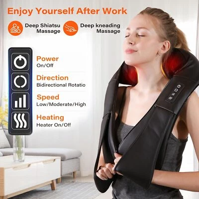 Electric Shiatsu Back Neck Shoulder Massager with Heat Kneading Body Car Home UK