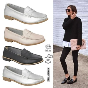 Ladies Slip on Leather Loafer Flats Womens Moccasins Office Work Comfort Shoes - Picture 1 of 15