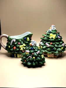 Christmas Tree Creamer Sugar Bowl With Lid Salt Shaker No Pepper 1991 - Picture 1 of 12