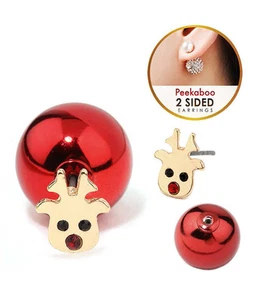 RUDOLPH  Red Nose Reindeer Front & Back Double Sided  Red Crystal Earrings - Picture 1 of 1