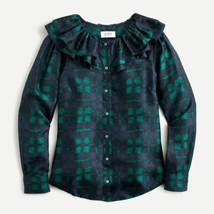 J Crew Collection Plaid 100% Silk Twill Ruffle Collar Blouse Top Size Small - Picture 1 of 7