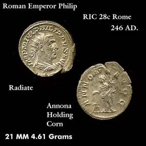 Römischer Kaiser Philipp I Rom 246 n. Chr. Anonna hält Mais. Große Silbermünze.  - Bild 1 von 1