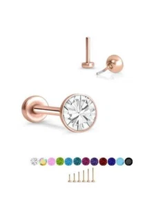 Threadless Labret Nose Ring Monroe Push Pin Stud Rose Gold Steel 3mm CZ - Picture 1 of 14