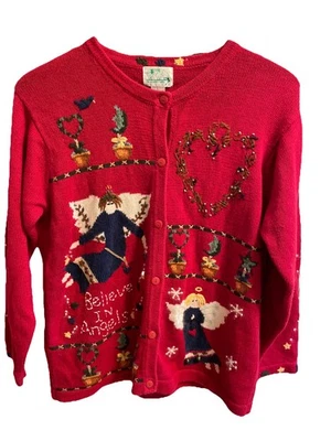 Cárdigan suéter vintage Quaker Factory Believe in Angels Navidad para mujer L Foto 1 de 4