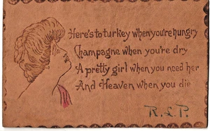 LEATHER Postcard Here's to Turkey... (Pretty Women) 1907 Lynchburg VA - Picture 1 of 2