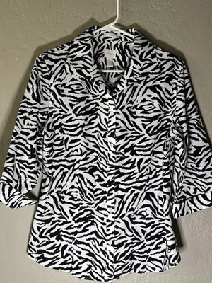 Chico’s Size 2 Women’s Zebra Shirt 3/4 Length Sleeves Button Up Large 12 No Iron - Image 1 of 4