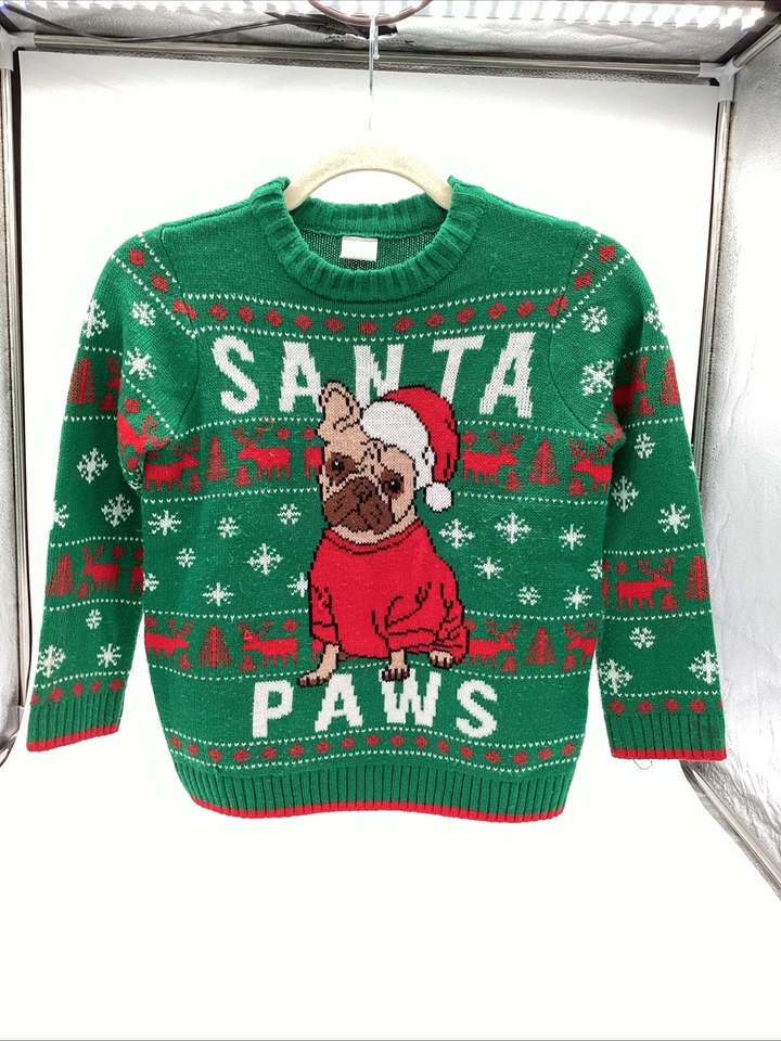 Suéter de Natal infantil Holiday Time Santa Paws S 6–7 verde buldogue francês Natal - Imagem 1 de 4