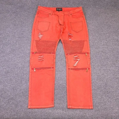 Jeans masculino Balmain Paris Moto Biker 40x33 (tamanho real etiqueta errada) tijolo vermelho desbotado - Imagem 1 de 4