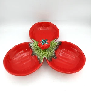 Vintage Maruhon Japan Tomato Ceramic Condiment Dish 3-Part Red Green Leaf - Picture 1 of 9
