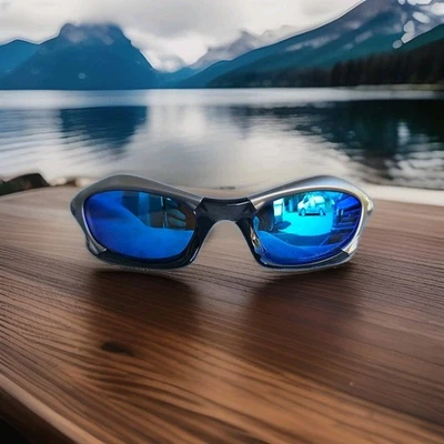 Polorized Splice Black/Silver Frame/Blue lense Sunglasses Y2K Made in USA - Image 1 of 4