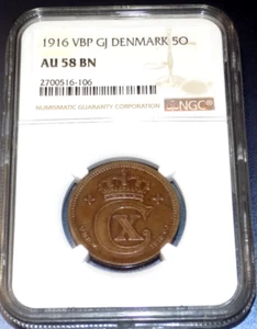 Denmark 1916 VBP GJ 5 Ore KM814.1 About Uncirculated NGC 5O AU 58 BN Danish Coin - Picture 1 of 4