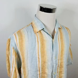 Tommy Bahama 100% Linen Large Hawaiian Aloha Shirt Striped Blue Orange Vacation - Picture 1 of 4
