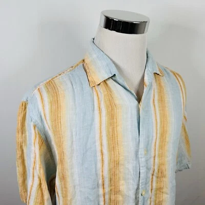 Tommy Bahama 100% Linen Large Hawaiian Aloha Shirt Striped Blue Orange Vacation - Image 1 of 4